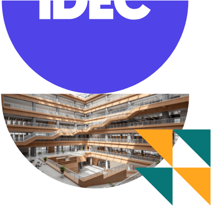 Colorful and circular icons with a photo of a staircase and IDEC's logo within them