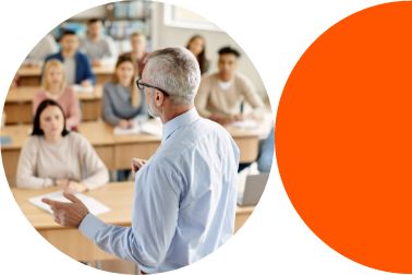 Man giving a lecture to his students next to a half orange circle