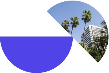 Colorful and circular icons with a photo of a building and palm trees within them