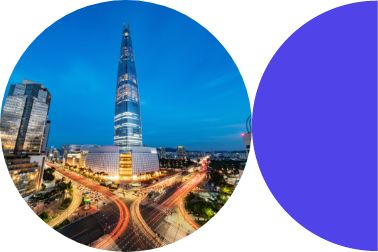 Colorful and circular icons with a photo of a busy city center within them