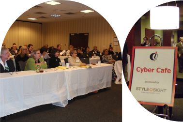 Photo collage of IDEC cyber cafe conference within circle shapes