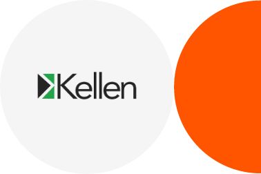 Kellen logo inside a gray circle and next to a half orange circle