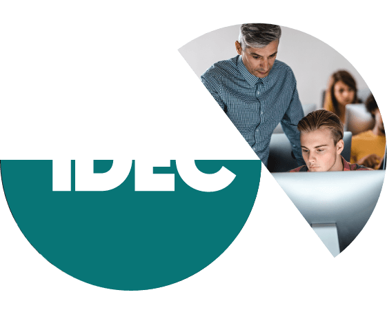 IDEC logo on a half green circle with two guys working on a computer together