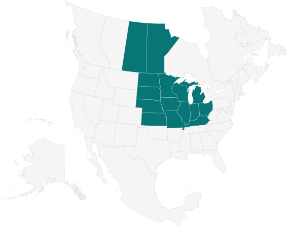 Map with IDEC's midwest regions colored in green