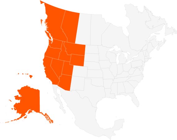 Map with IDEC's pacific west regions colored in orange